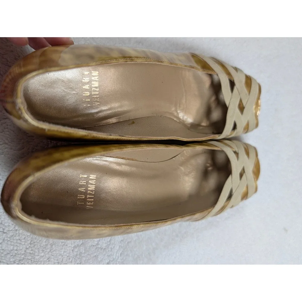 Stuart Weitzman Gold Tortoise Patent Leather Peep Toe Wedge Heels UW35709 7.5N